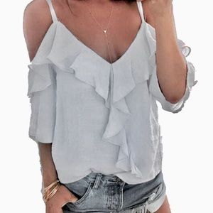 Lucky Brand Cold Shoulder Gray Ruffle Top Blouse